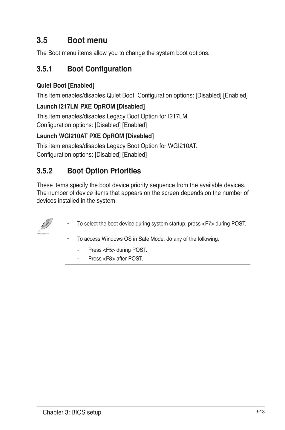 5 boot menu, 1 boot configuration, 2 boot option priorities | Boot menu -13 3.5.1, Boot configuration -13, Boot option priorities -13 | AAEON IMBM-Q87A User Manual | Page 43 / 48