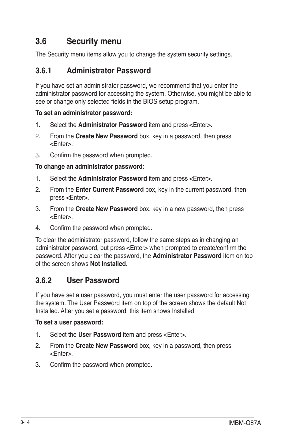 6 security menu, 1 administrator password, 2 user password | Security menu -14 3.6.1, Administrator password -14, User password -14 | AAEON IMBM-Q87A User Manual | Page 44 / 48