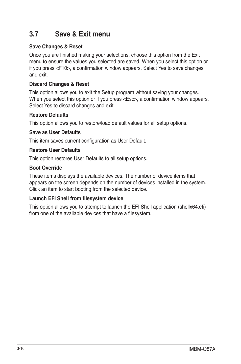 7 save & exit menu, Save & exit menu -16 | AAEON IMBM-Q87A User Manual | Page 46 / 48