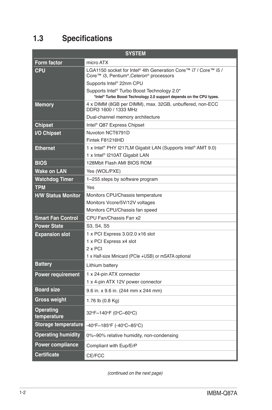 3 specifications, Specifications -2, Imbm-q87a | AAEON IMBM-Q87A User Manual | Page 6 / 48