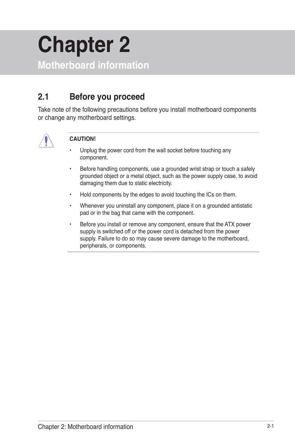 Chapter 2, Motherboard information, 1 before you proceed | Chapter 2 motherboard information, Before you proceed -1 | AAEON IMBM-Q87A User Manual | Page 9 / 48