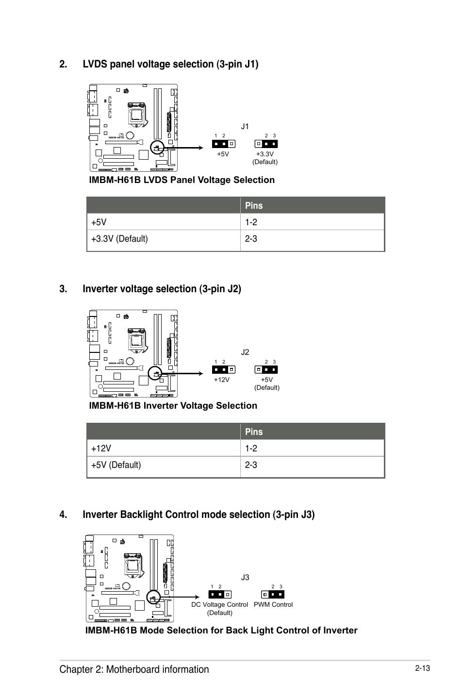 Inverter voltage selection (3-pin j2), Imbm-h61b lvds panel voltage selection, Imbm-h61b inverter voltage selection | AAEON IMBM-H61B User Manual | Page 21 / 52