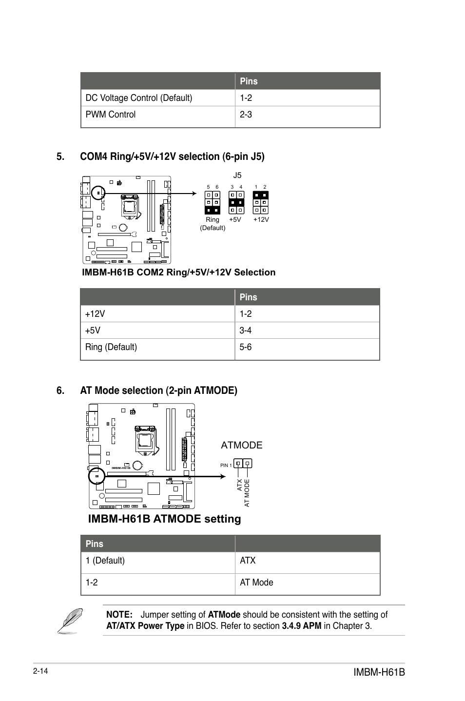 Imbm-h61b atmode setting, Imbm-h61b, At mode selection (2-pin atmode) | AAEON IMBM-H61B User Manual | Page 22 / 52