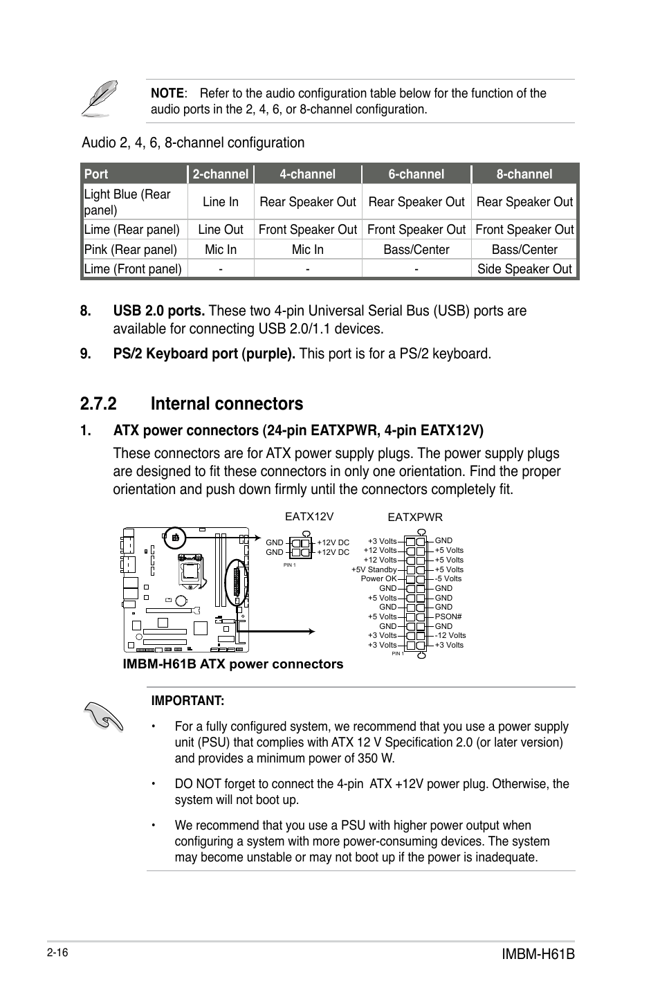 2 internal connectors, Internal connectors -16, Imbm-h61b | Audio 2, 4, 6, 8-channel configuration | AAEON IMBM-H61B User Manual | Page 24 / 52