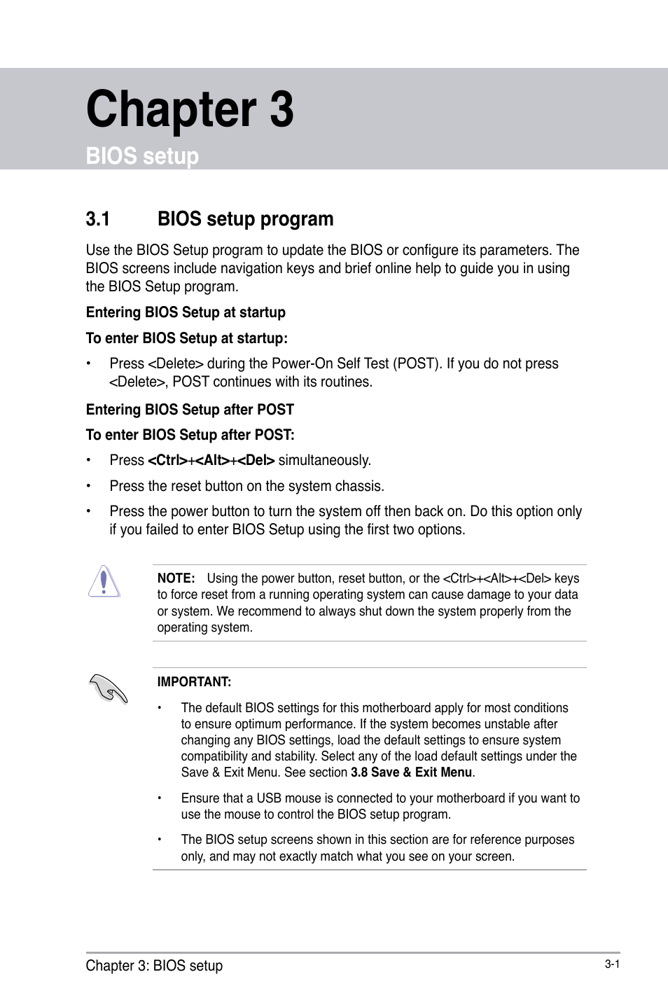 Chapter 3, Bios setup, 1 bios setup program | Bios setup program -1 | AAEON IMBM-H61B User Manual | Page 31 / 52