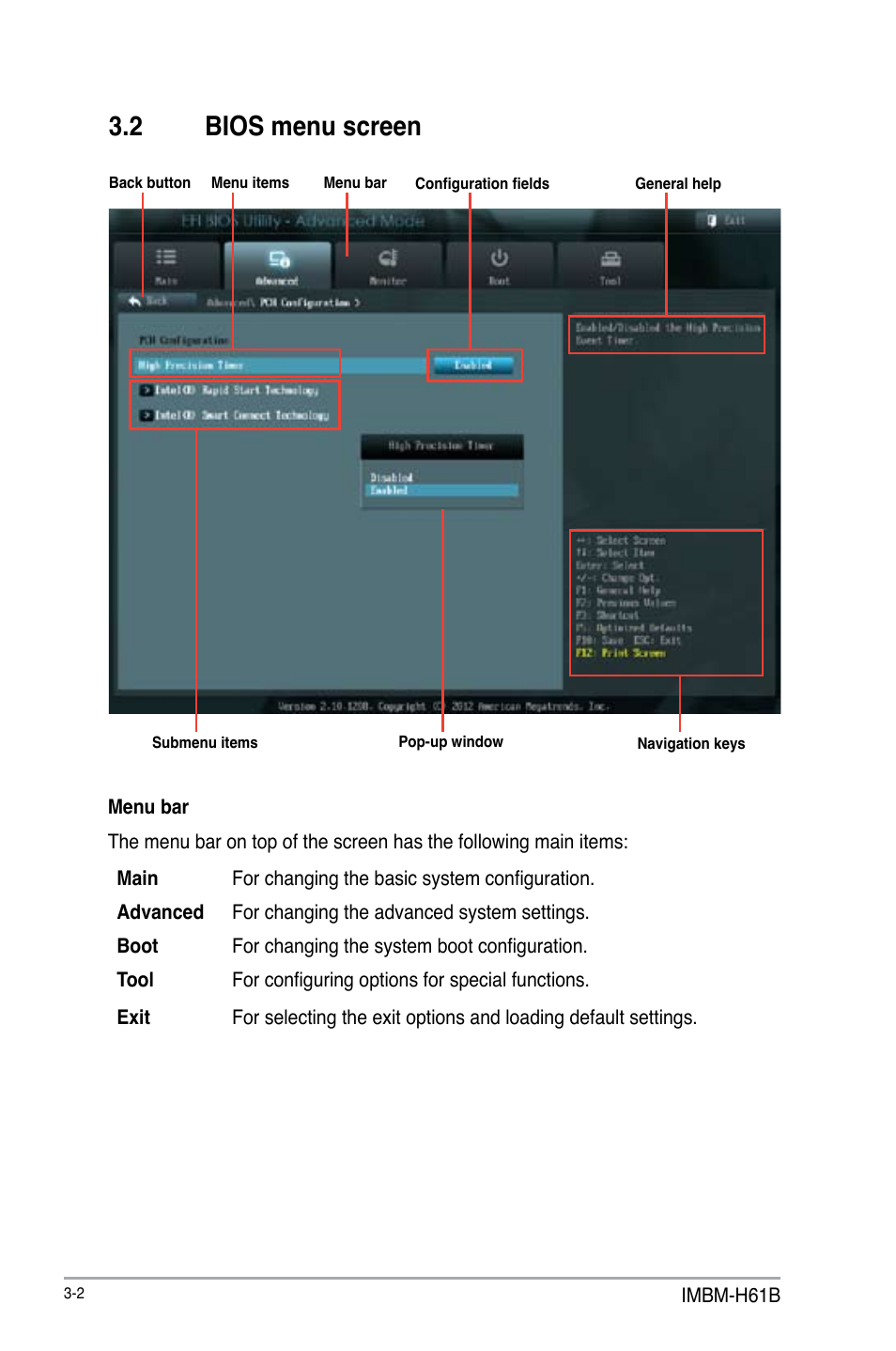 2 bios menu screen, Bios menu screen -2 | AAEON IMBM-H61B User Manual | Page 32 / 52