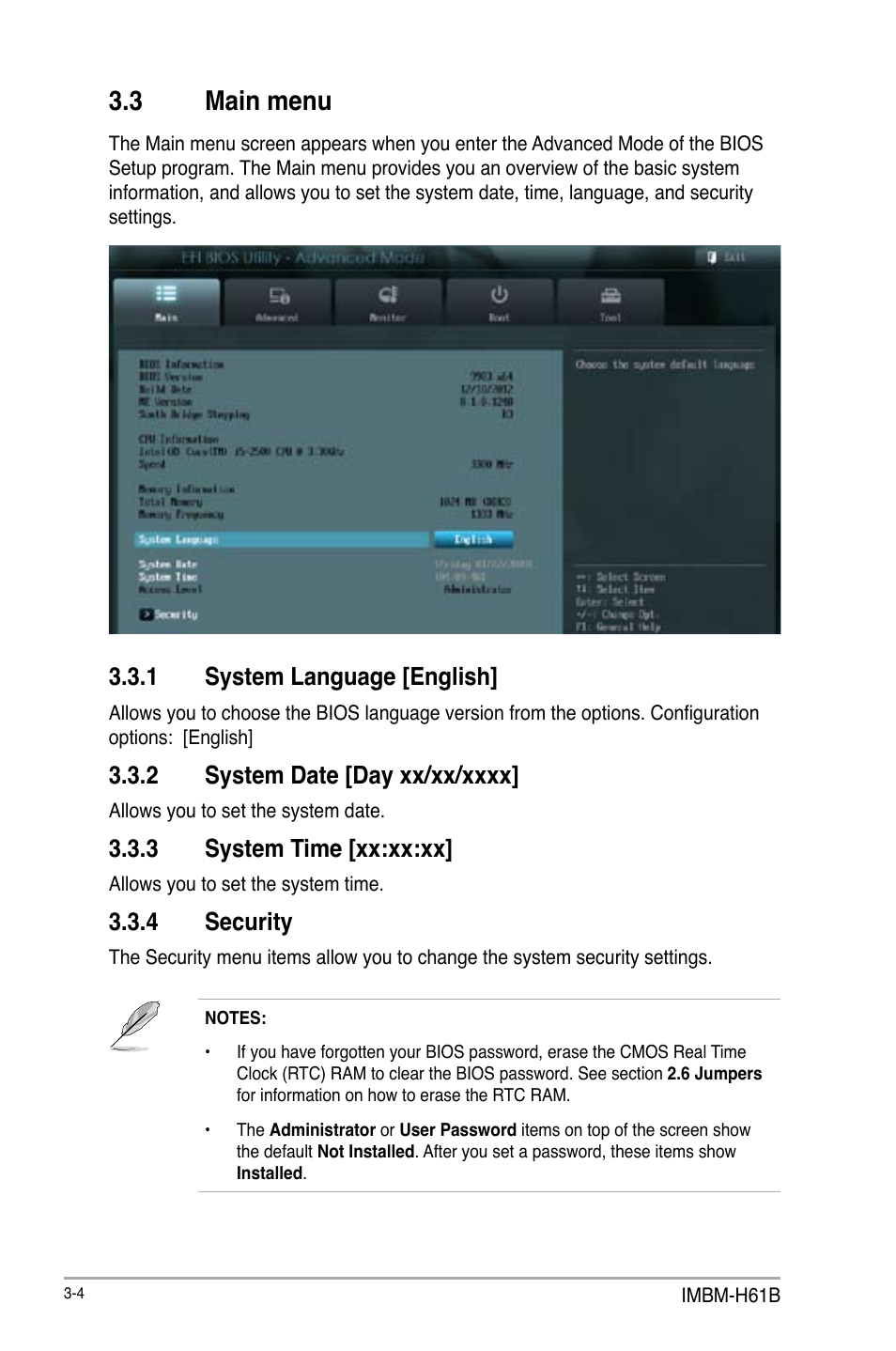 3 main menu, 1 system language [english, 2 system date [day xx/xx/xxxx | 3 system time [xx:xx:xx, 4 security, Main menu -4 3.3.1, System language [english] -4, System date [day xx/xx/xxxx] -4, System time [xx:xx:xx] -4, Security -4 | AAEON IMBM-H61B User Manual | Page 34 / 52