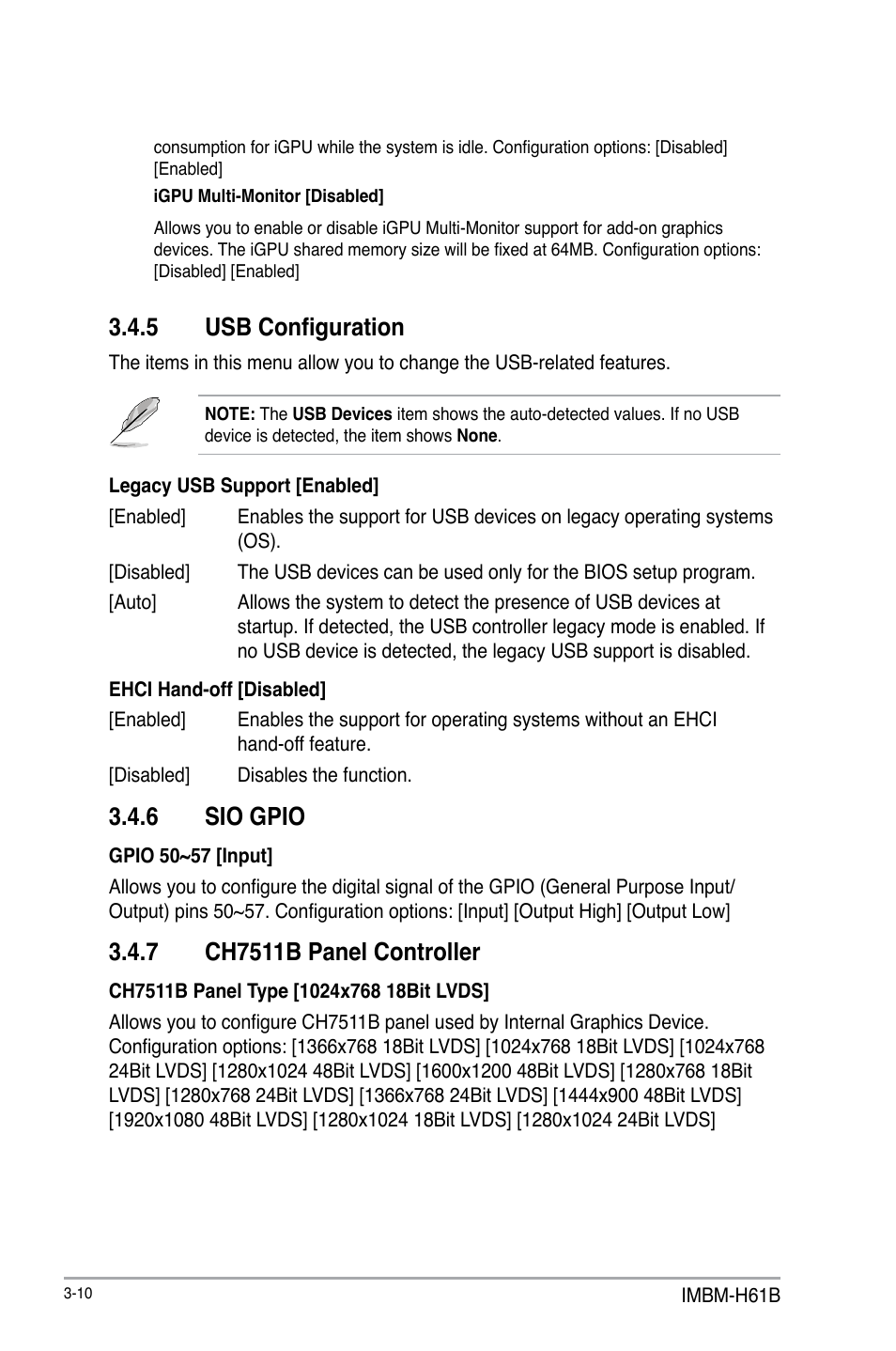 5 usb configuration, 6 sio gpio, 7 ch7511b panel controller | Usb configuration -10, Sio gpio -10, Ch7511b panel controller -10 | AAEON IMBM-H61B User Manual | Page 40 / 52