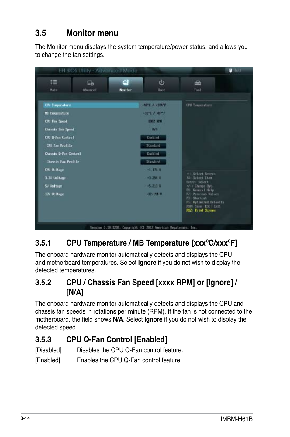 5 monitor menu, 1 cpu temperature / mb temperature [xxxºc/xxxºf, 3 cpu q-fan control [enabled | Monitor menu -14 3.5.1, Cpu temperature / mb temperature [xxxºc/xxxºf] -14, Cpu q-fan control [enabled] -14 | AAEON IMBM-H61B User Manual | Page 44 / 52