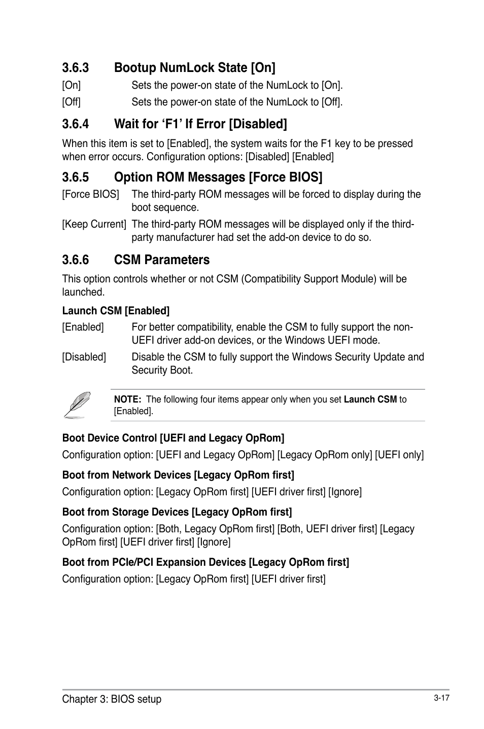 3 bootup numlock state [on, 4 wait for ‘f1’ if error [disabled, 5 option rom messages [force bios | 6 csm parameters, Bootup numlock state [on] -17, Wait for ‘f1’ if error [disabled] -17, Option rom messages [force bios] -17, Csm parameters -17 | AAEON IMBM-H61B User Manual | Page 47 / 52