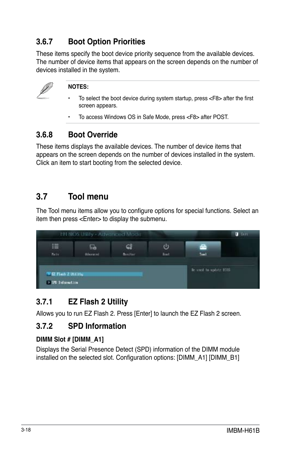 7 boot option priorities, 8 boot override, 7 tool menu | 1 ez flash 2 utility, 2 spd information, Boot option priorities -18, Boot override -18, Tool menu -18 3.7.1, Ez flash 2 utility -18, Spd information -18 | AAEON IMBM-H61B User Manual | Page 48 / 52