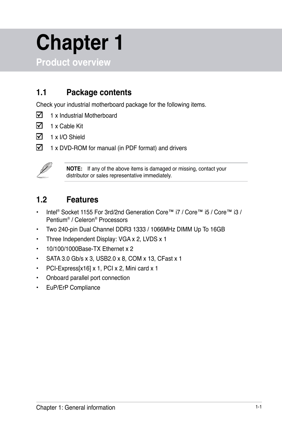 Chapter 1, Product overview, 1 package contents | 2 features, Package contents -1, Features -1 | AAEON IMBM-H61B User Manual | Page 5 / 52