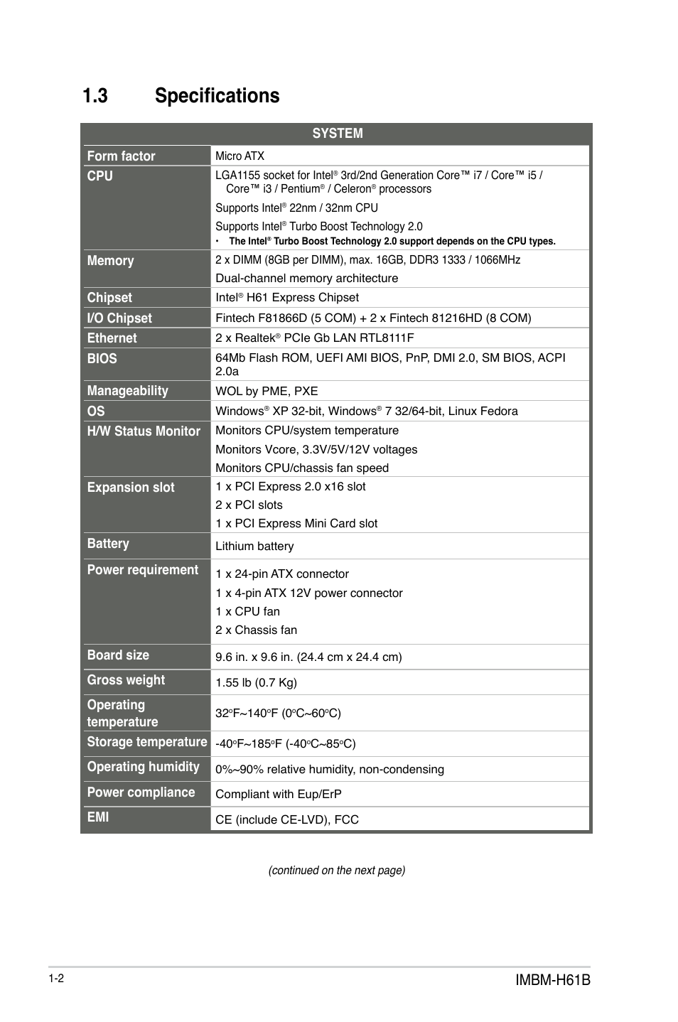 3 specifications, Specifications -2, Imbm-h61b | AAEON IMBM-H61B User Manual | Page 6 / 52