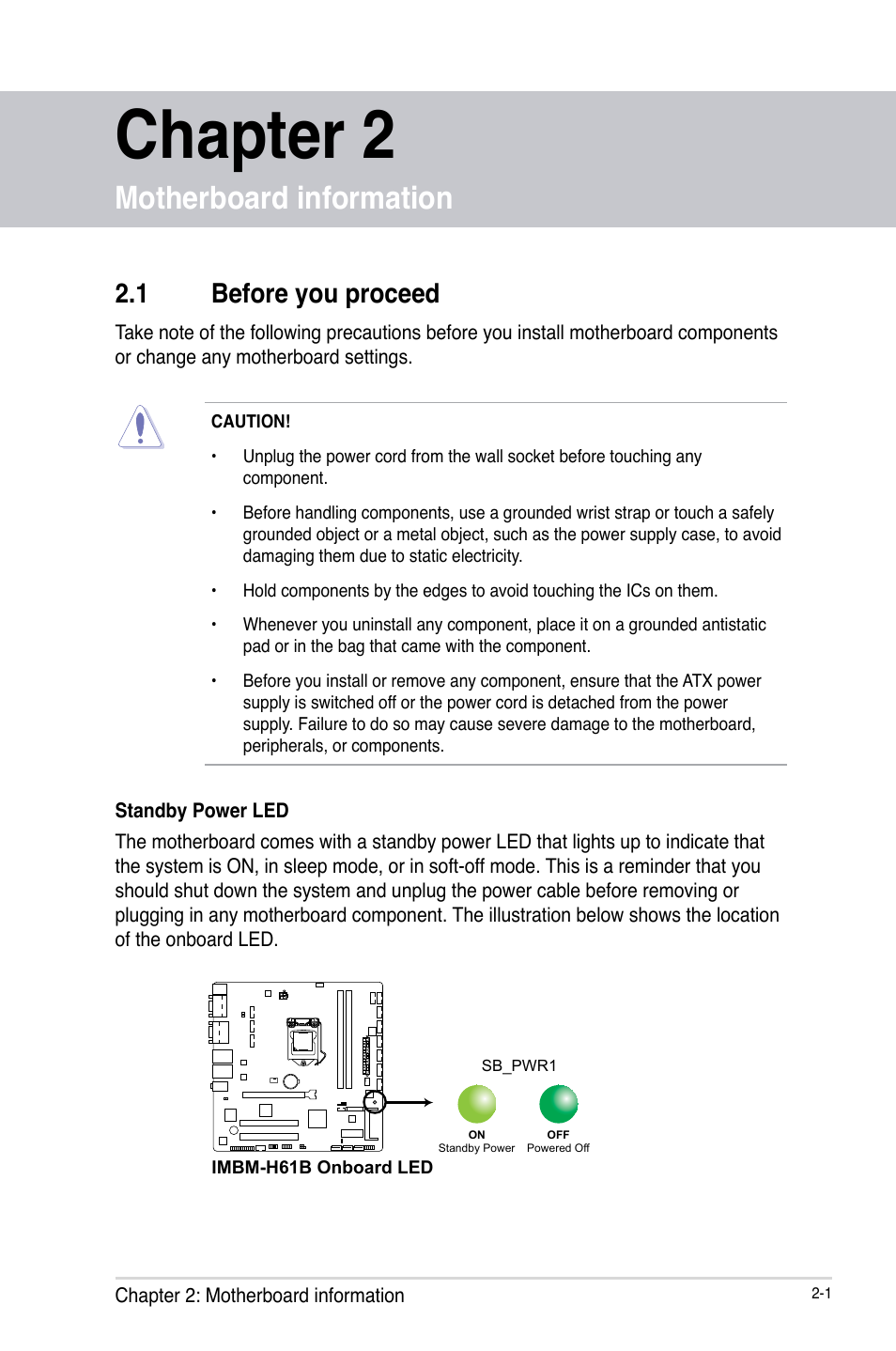 Chapter 2, Motherboard information, 1 before you proceed | Before you proceed -1 | AAEON IMBM-H61B User Manual | Page 9 / 52