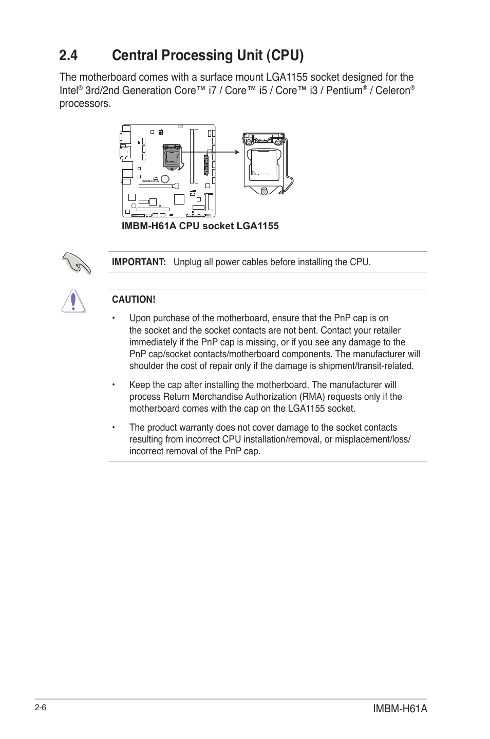 4 central processing unit (cpu), Central processing unit (cpu) -6 | AAEON IMBM-H61A User Manual | Page 14 / 52