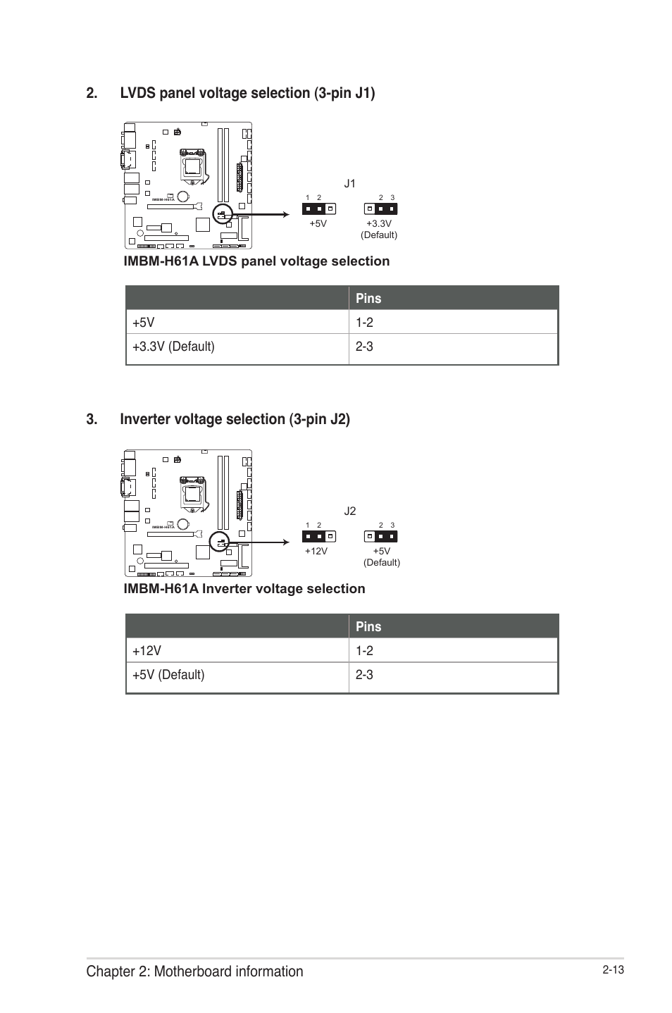 Inverter voltage selection (3-pin j2), Imbm-h61a lvds panel voltage selection, Imbm-h61a inverter voltage selection | AAEON IMBM-H61A User Manual | Page 21 / 52