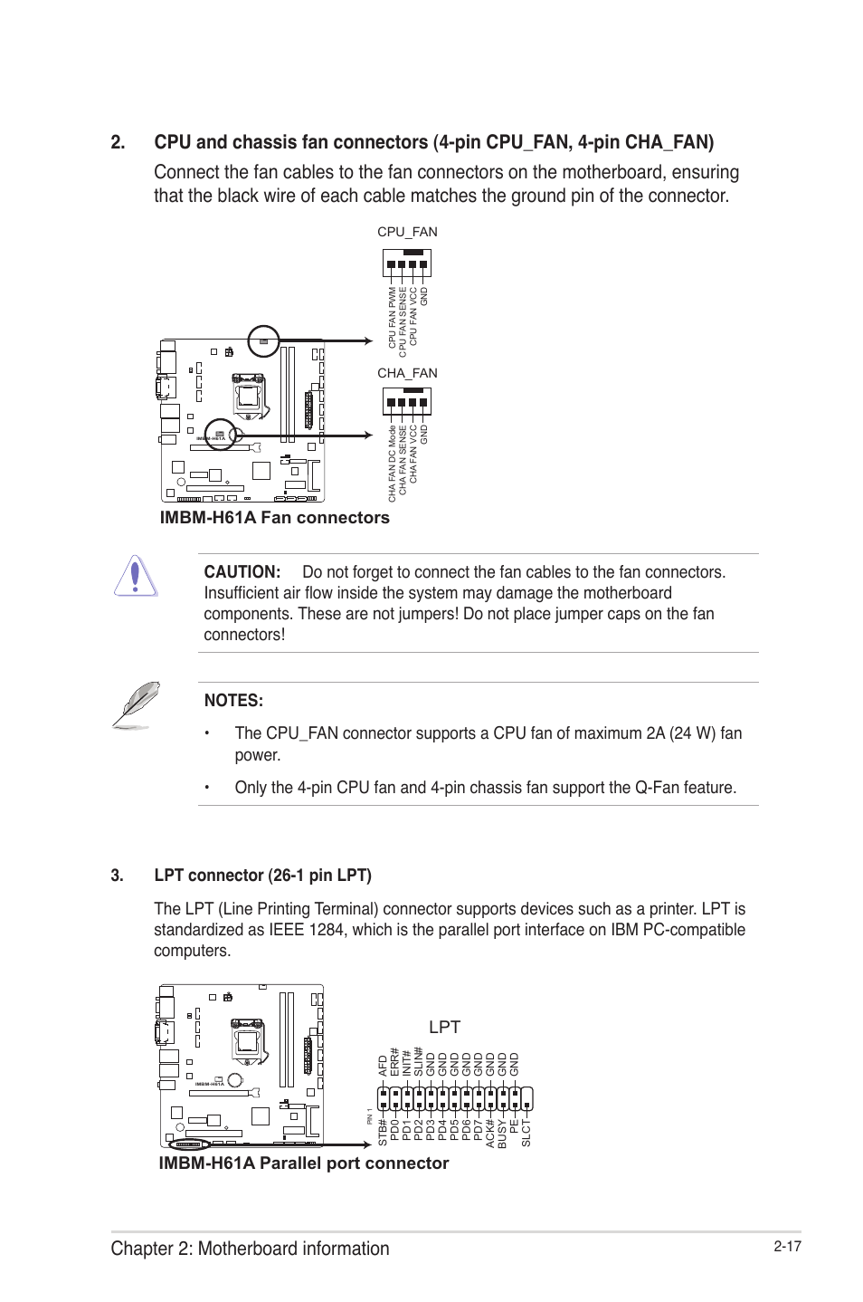 Chapter 2: motherboard information, Imbm-h61a fan connectors, Imbm-h61a parallel port connector | AAEON IMBM-H61A User Manual | Page 25 / 52