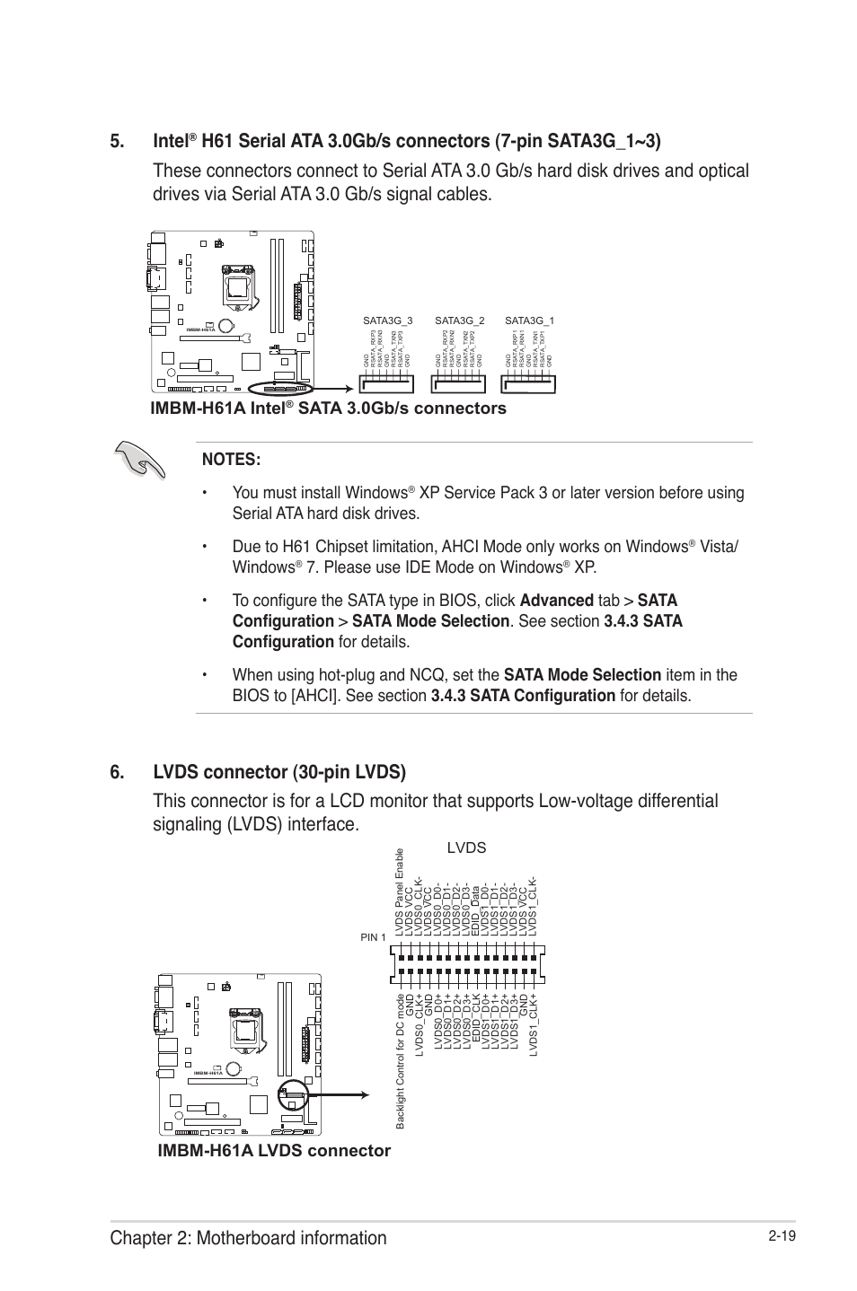 Chapter 2: motherboard information 5. intel, Vista/ windows, Please use ide mode on windows | Imbm-h61a intel, Sata 3.0gb/s connectors, Imbm-h61a lvds connector, Lvds | AAEON IMBM-H61A User Manual | Page 27 / 52