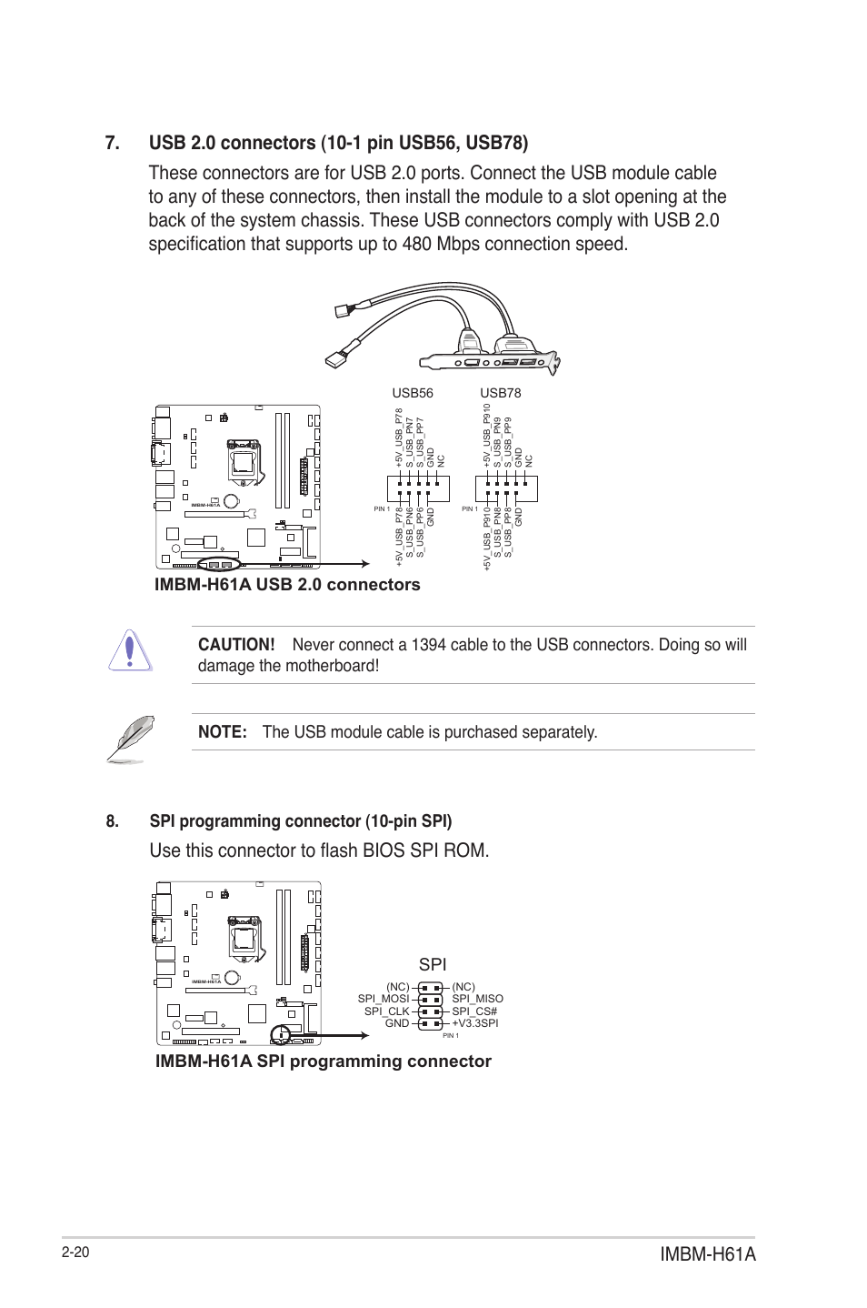 Imbm-h61a, Use this connector to flash bios spi rom, Imbm-h61a usb 2.0 connectors | Spi programming connector (10-pin spi), Imbm-h61a spi programming connector | AAEON IMBM-H61A User Manual | Page 28 / 52