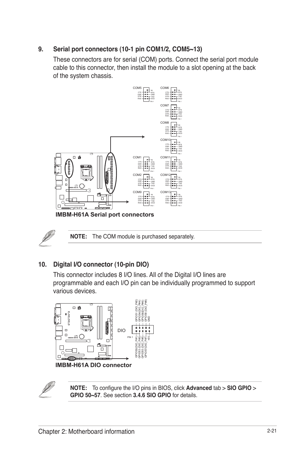 Imbm-h61a serial port connectors, Imbm-h61a dio connector | AAEON IMBM-H61A User Manual | Page 29 / 52