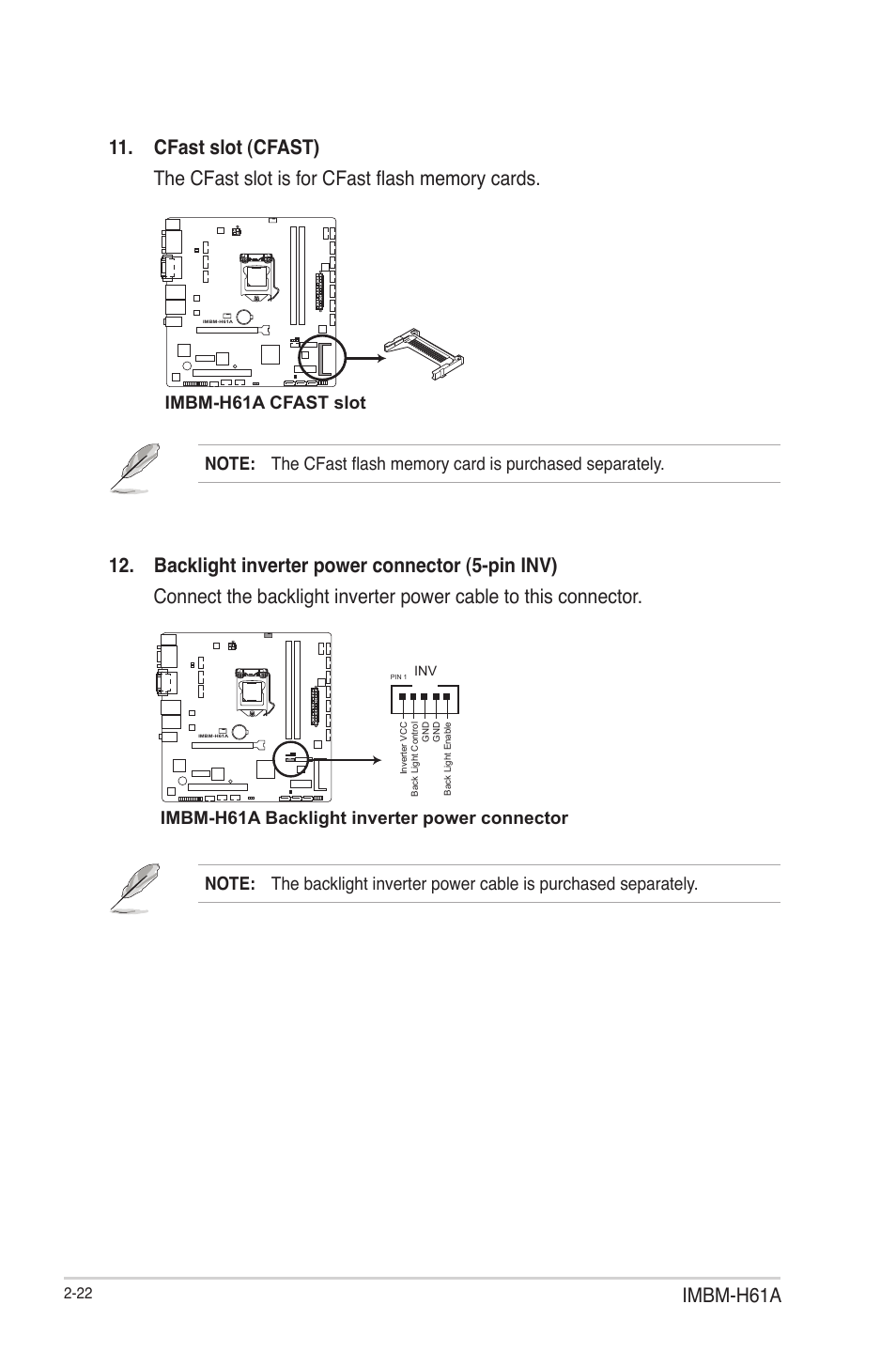 Imbm-h61a, Imbm-h61a cfast slot, Imbm-h61a backlight inverter power connector | AAEON IMBM-H61A User Manual | Page 30 / 52