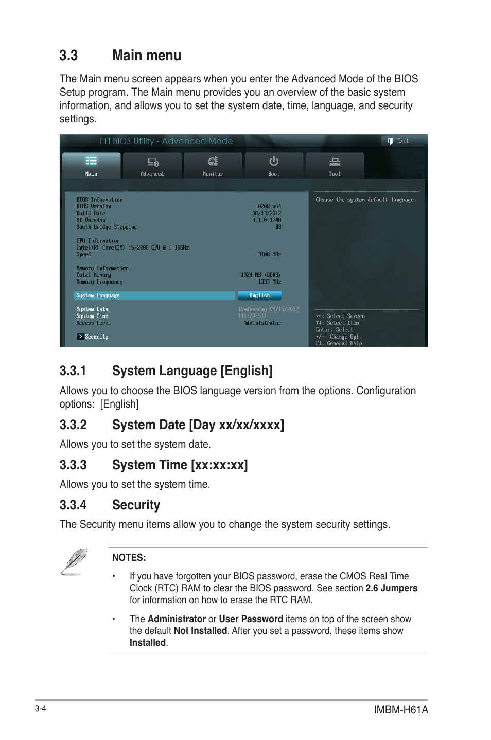 3 main menu, 1 system language [english, 2 system date [day xx/xx/xxxx | 3 system time [xx:xx:xx, 4 security, Main menu -4 3.3.1, System language [english] -4, System date [day xx/xx/xxxx] -4, System time [xx:xx:xx] -4, Security -4 | AAEON IMBM-H61A User Manual | Page 34 / 52