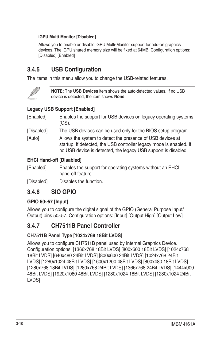 5 usb configuration, 6 sio gpio, 7 ch7511b panel controller | Usb configuration -10, Sio gpio -10, Ch7511b panel controller -10 | AAEON IMBM-H61A User Manual | Page 40 / 52