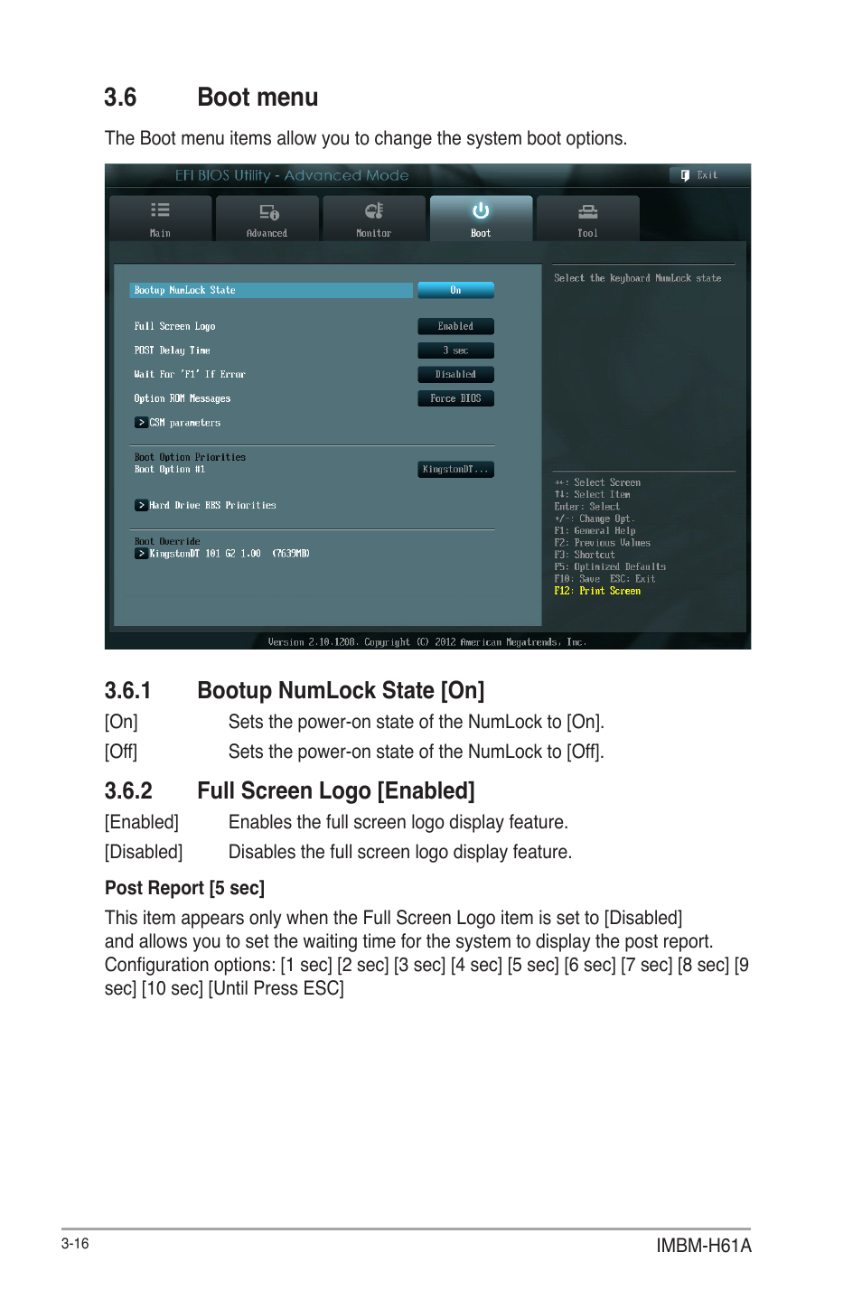 6 boot menu, 1 bootup numlock state [on, 2 full screen logo [enabled | Boot menu -16 3.6.1, Bootup numlock state [on] -16, Full screen logo [enabled] -16 | AAEON IMBM-H61A User Manual | Page 46 / 52