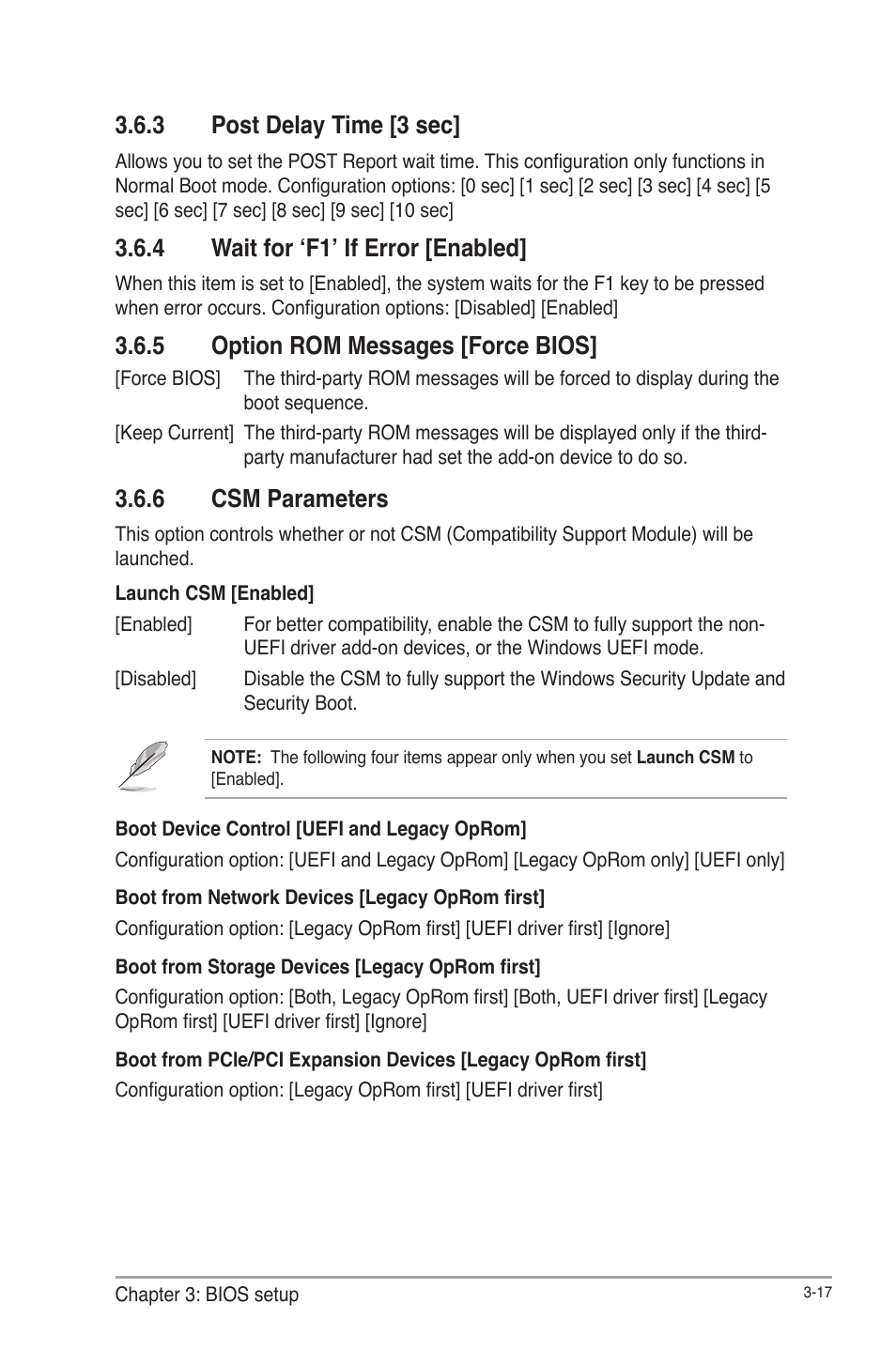 3 post delay time [3 sec, 4 wait for ‘f1’ if error [enabled, 5 option rom messages [force bios | 6 csm parameters, Post delay time [3 sec] -17, Wait for ‘f1’ if error [enabled] -17, Option rom messages [force bios] -17, Csm parameters -17 | AAEON IMBM-H61A User Manual | Page 47 / 52