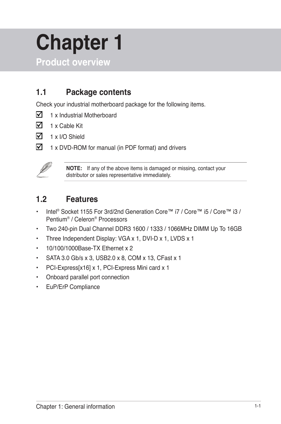 Chapter 1, Product overview, 1 package contents | 2 features, Package contents -1, Features -1 | AAEON IMBM-H61A User Manual | Page 5 / 52