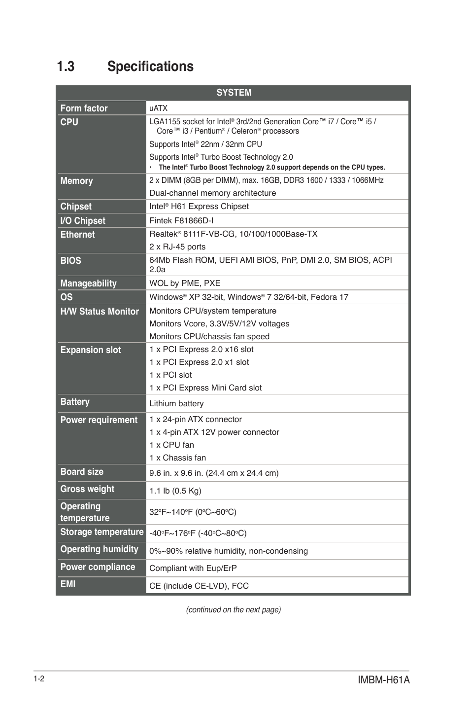 3 specifications, Specifications -2, Imbm-h61a | AAEON IMBM-H61A User Manual | Page 6 / 52