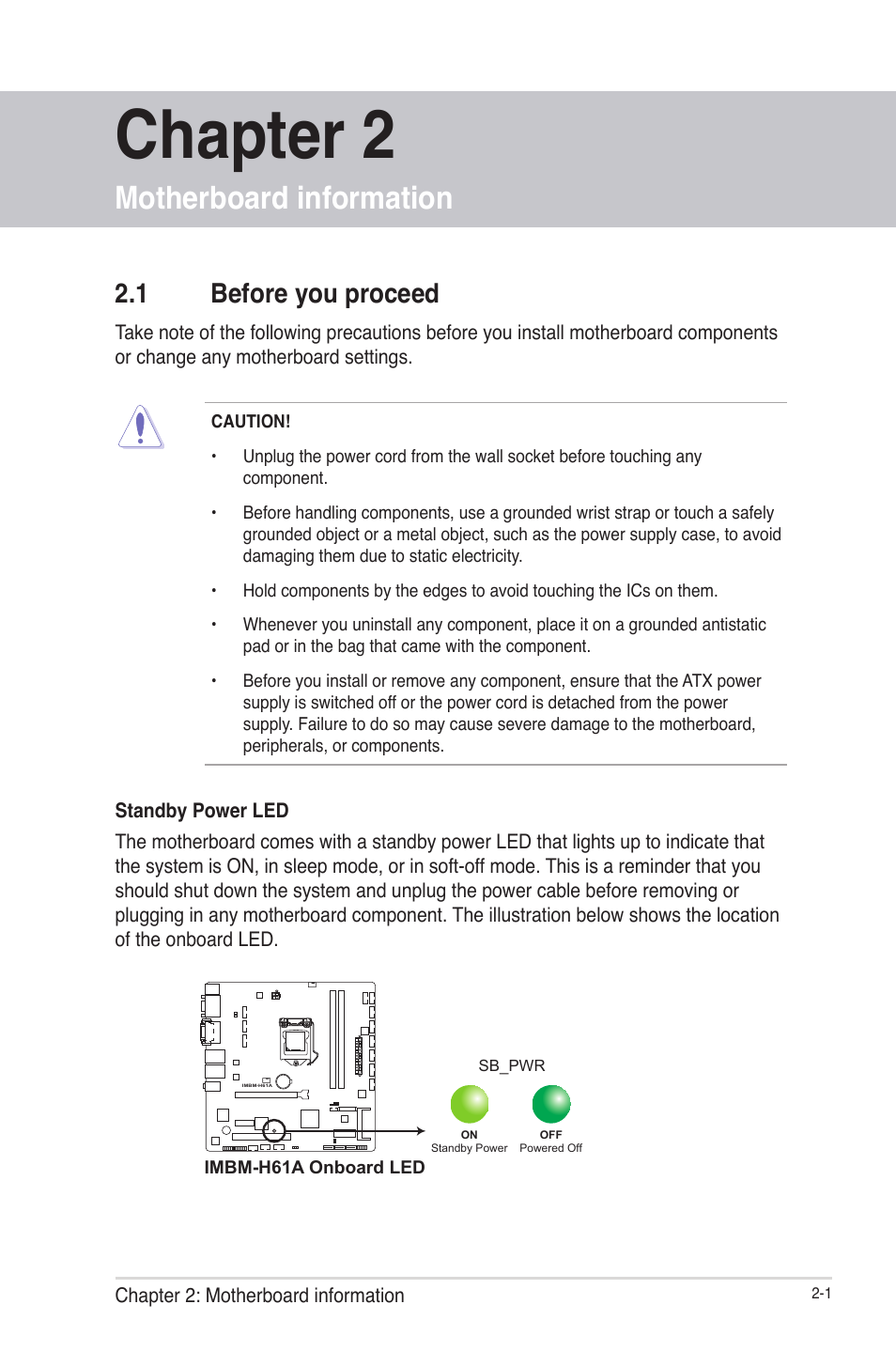 Chapter 2, Motherboard information, 1 before you proceed | Before you proceed -1 | AAEON IMBM-H61A User Manual | Page 9 / 52