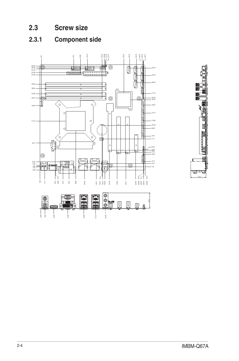 3 screw size, 1 component side, Screw size -4 2.3.1 | Component side -4, Imbm-q67a, Component side | AAEON IMBM-Q67A User Manual | Page 12 / 56