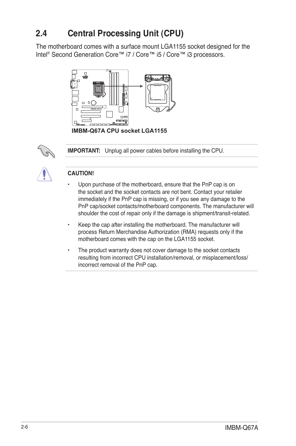 4 central processing unit (cpu), Central processing unit (cpu) -6 | AAEON IMBM-Q67A User Manual | Page 14 / 56