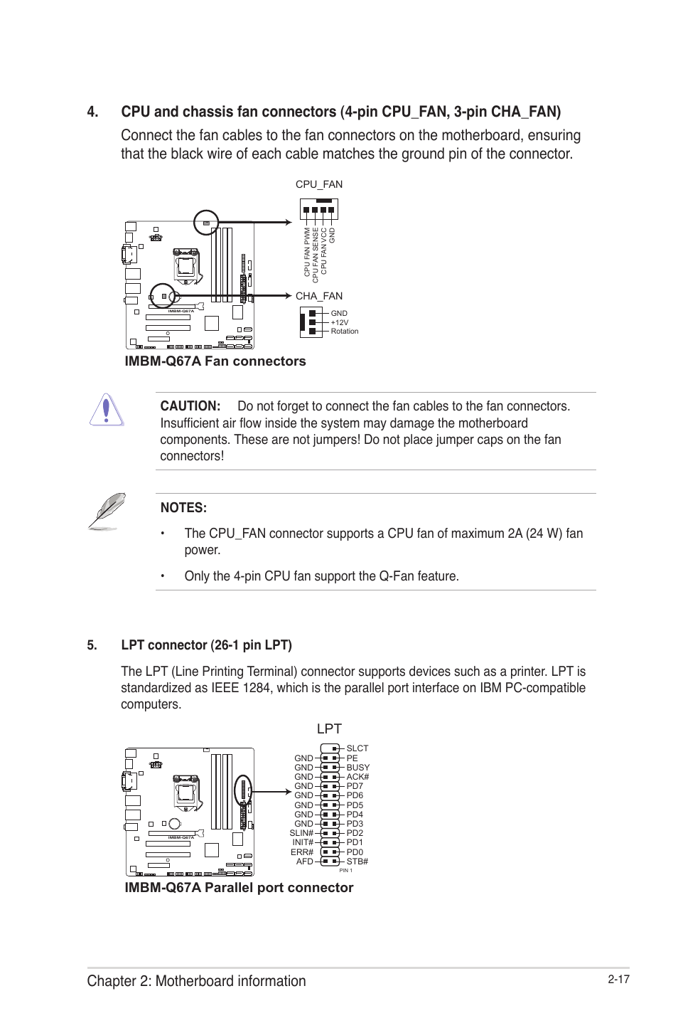 Chapter 2: motherboard information, Imbm-q67a fan connectors, Imbm-q67a parallel port connector | AAEON IMBM-Q67A User Manual | Page 25 / 56