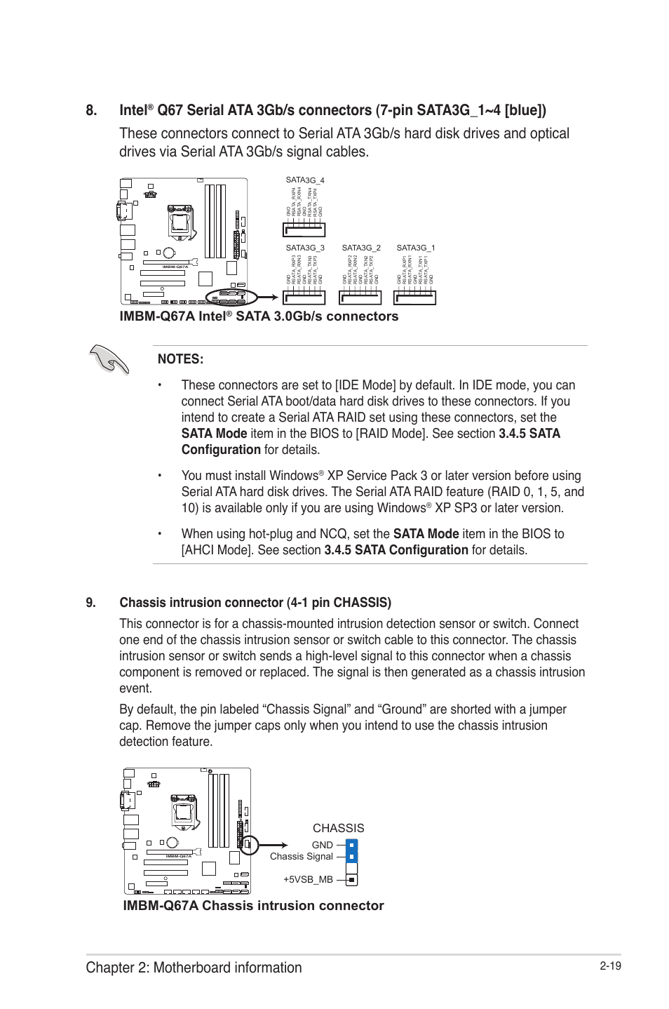 Chapter 2: motherboard information 8. intel, Imbm-q67a intel, Sata 3.0gb/s connectors | Imbm-q67a chassis intrusion connector, Chassis | AAEON IMBM-Q67A User Manual | Page 27 / 56