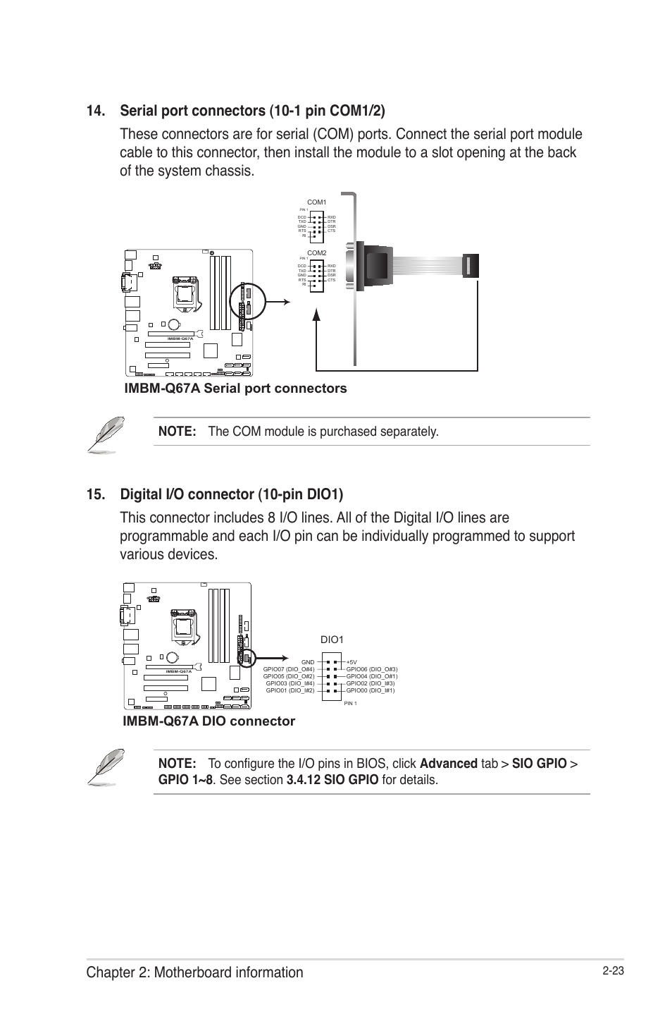 Imbm-q67a serial port connectors, Imbm-q67a dio connector | AAEON IMBM-Q67A User Manual | Page 31 / 56