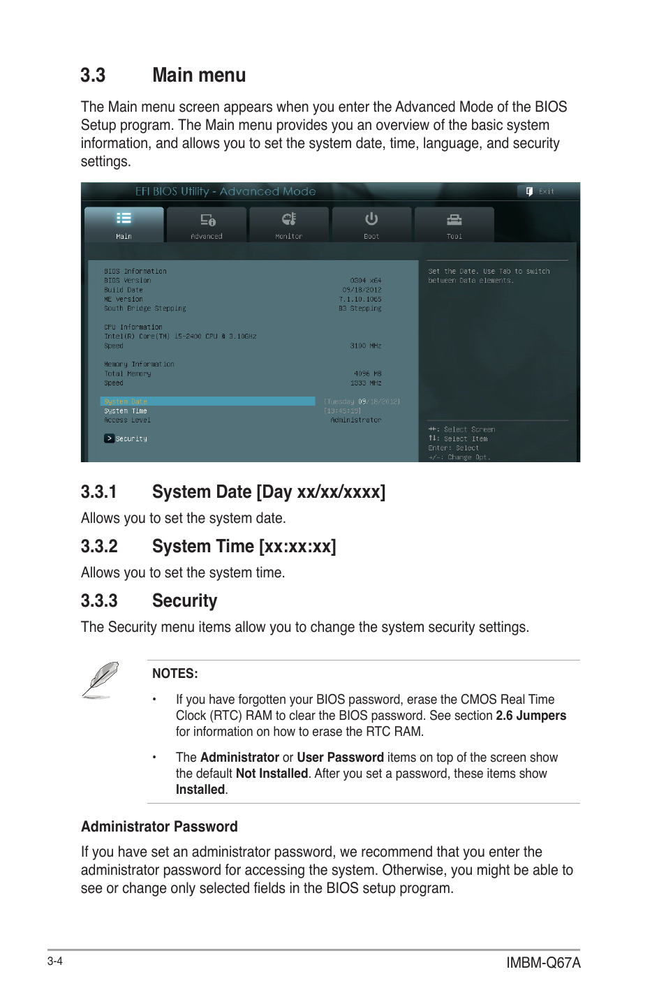 3 main menu, 1 system date [day xx/xx/xxxx, 2 system time [xx:xx:xx | 3 security, Main menu -4 3.3.1, System date [day xx/xx/xxxx] -4, System time [xx:xx:xx] -4, Security -4 | AAEON IMBM-Q67A User Manual | Page 36 / 56