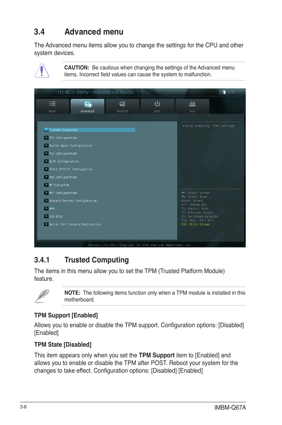 4 advanced menu, 1 trusted computing, Advanced menu -6 3.4.1 | Trusted computing -6 | AAEON IMBM-Q67A User Manual | Page 38 / 56