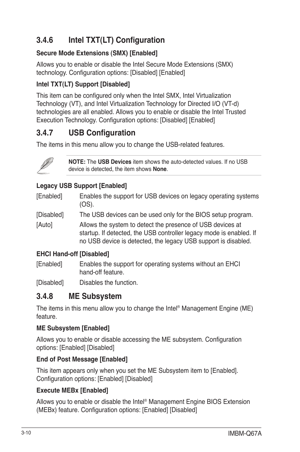 6 intel txt(lt) configuration, 7 usb configuration, 8 me subsystem | Intel txt(lt) configuration -10, Usb configuration -10, Me subsystem -10 | AAEON IMBM-Q67A User Manual | Page 42 / 56