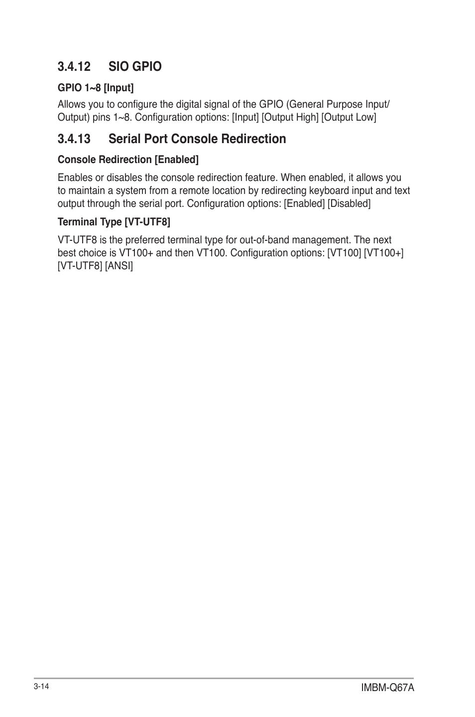 12 sio gpio, 13 serial port console redirection | AAEON IMBM-Q67A User Manual | Page 46 / 56