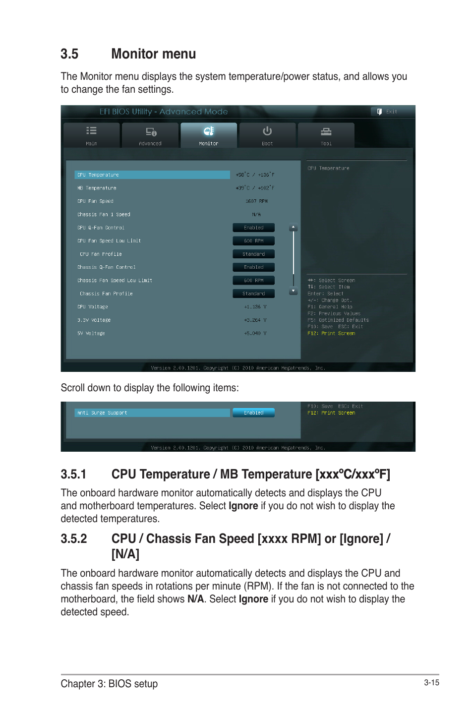 5 monitor menu, 1 cpu temperature / mb temperature [xxxºc/xxxºf, Monitor menu -15 3.5.1 | Cpu temperature / mb temperature [xxxºc/xxxºf] -15, Cpu / chassis fan speed -15 | AAEON IMBM-Q67A User Manual | Page 47 / 56