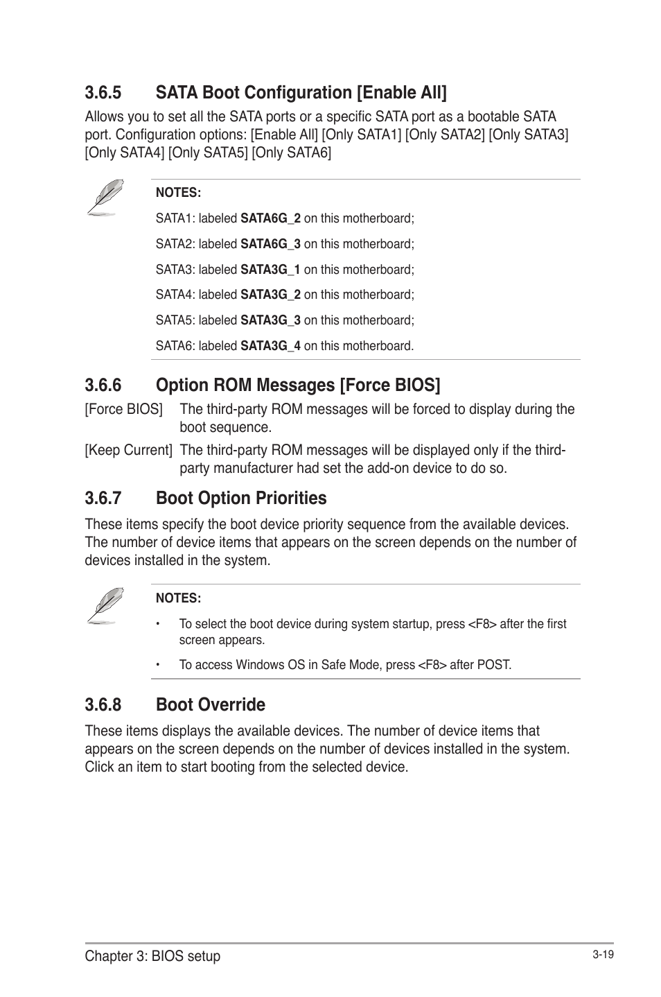 5 sata boot configuration [enable all, 6 option rom messages [force bios, 7 boot option priorities | 8 boot override, Sata boot configuration [enable all] -19, Option rom messages [force bios] -19, Boot option priorities -19, Boot override -19 | AAEON IMBM-Q67A User Manual | Page 51 / 56