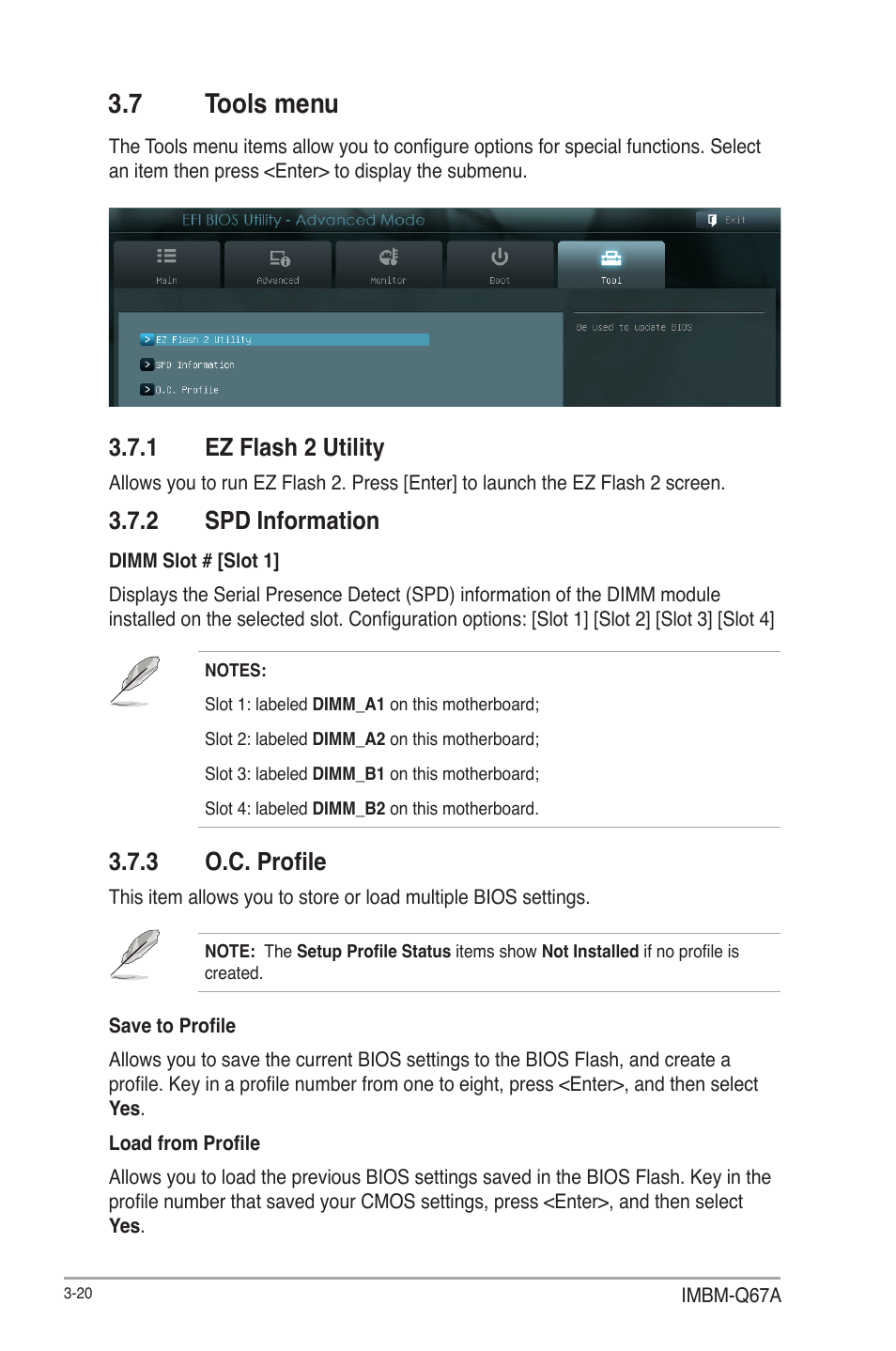 7 tools menu, 1 ez flash 2 utility, 2 spd information | 3 o.c. profile, Tools menu -20 3.7.1, Ez flash 2 utility -20, Spd information -20, O.c. profile -20 | AAEON IMBM-Q67A User Manual | Page 52 / 56