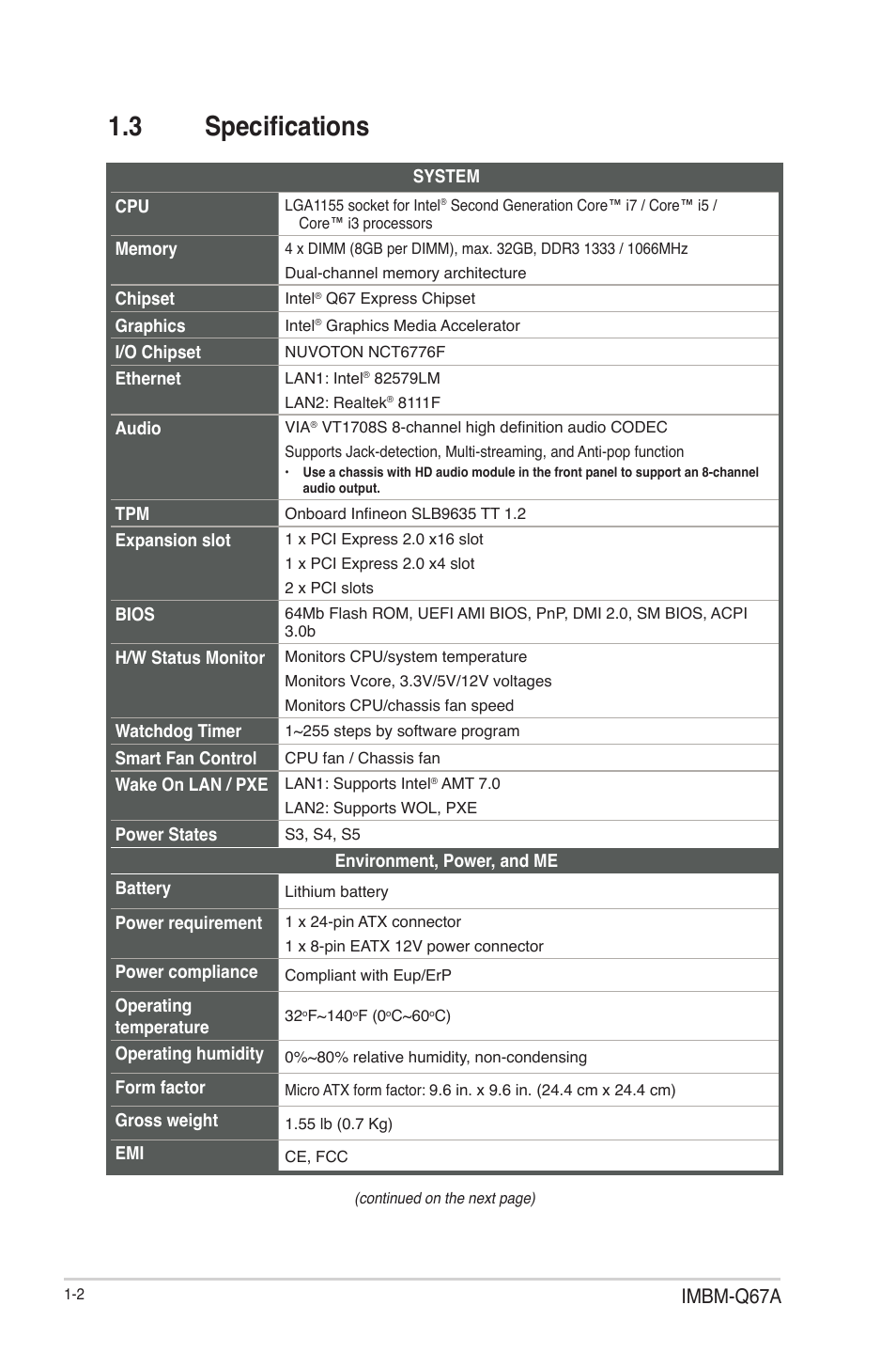 3 specifications, Specifications -2, Imbm-q67a | AAEON IMBM-Q67A User Manual | Page 6 / 56