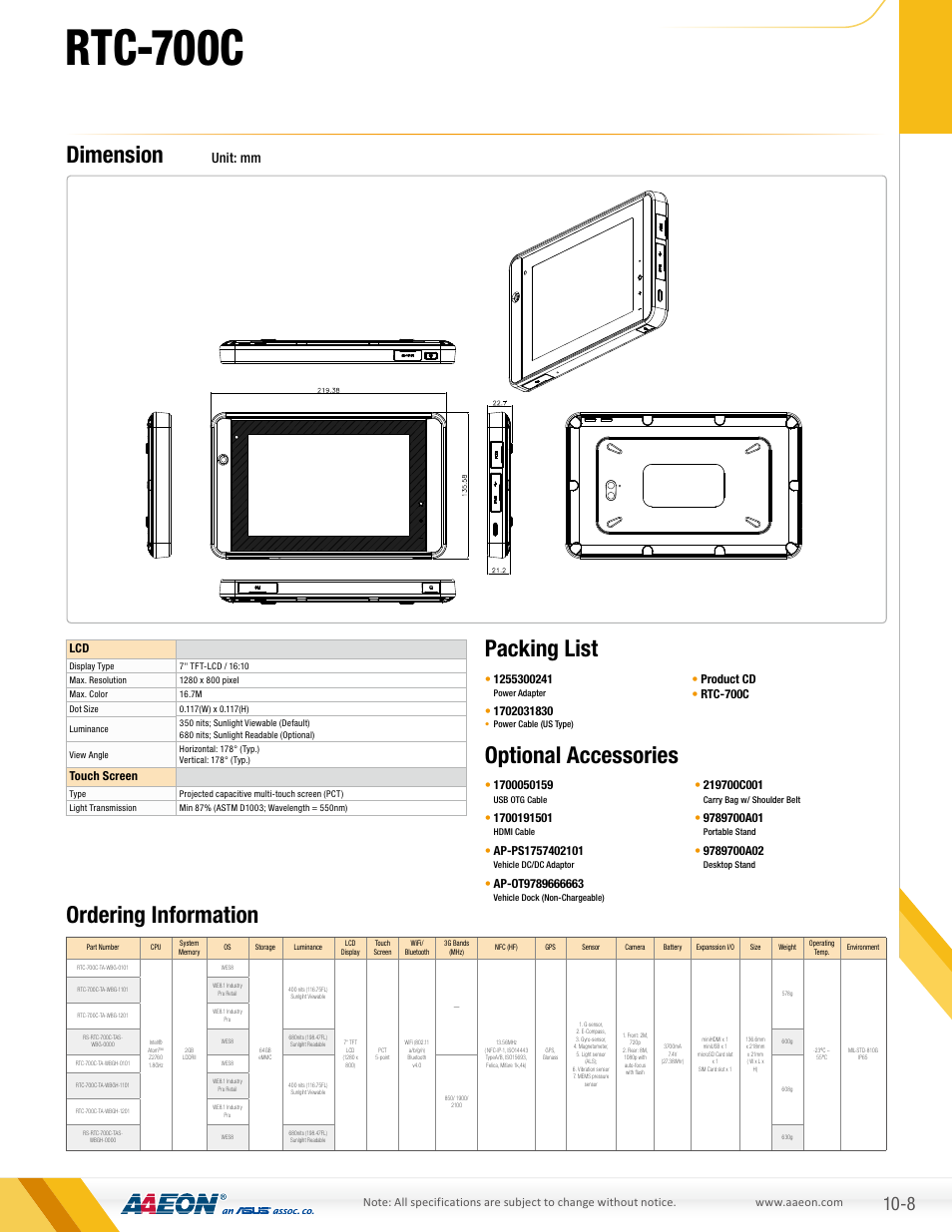 Rtc-700c, Ordering information, Packing list optional accessories | Dimension, Unit: mm, Touch screen, Product cd • rtc-700c | AAEON RTC-700C User Manual | Page 2 / 2