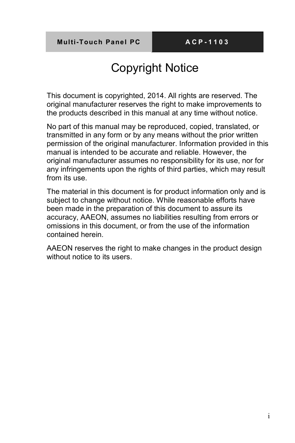 Copyright notice | AAEON ACP-1103 User Manual | Page 2 / 115
