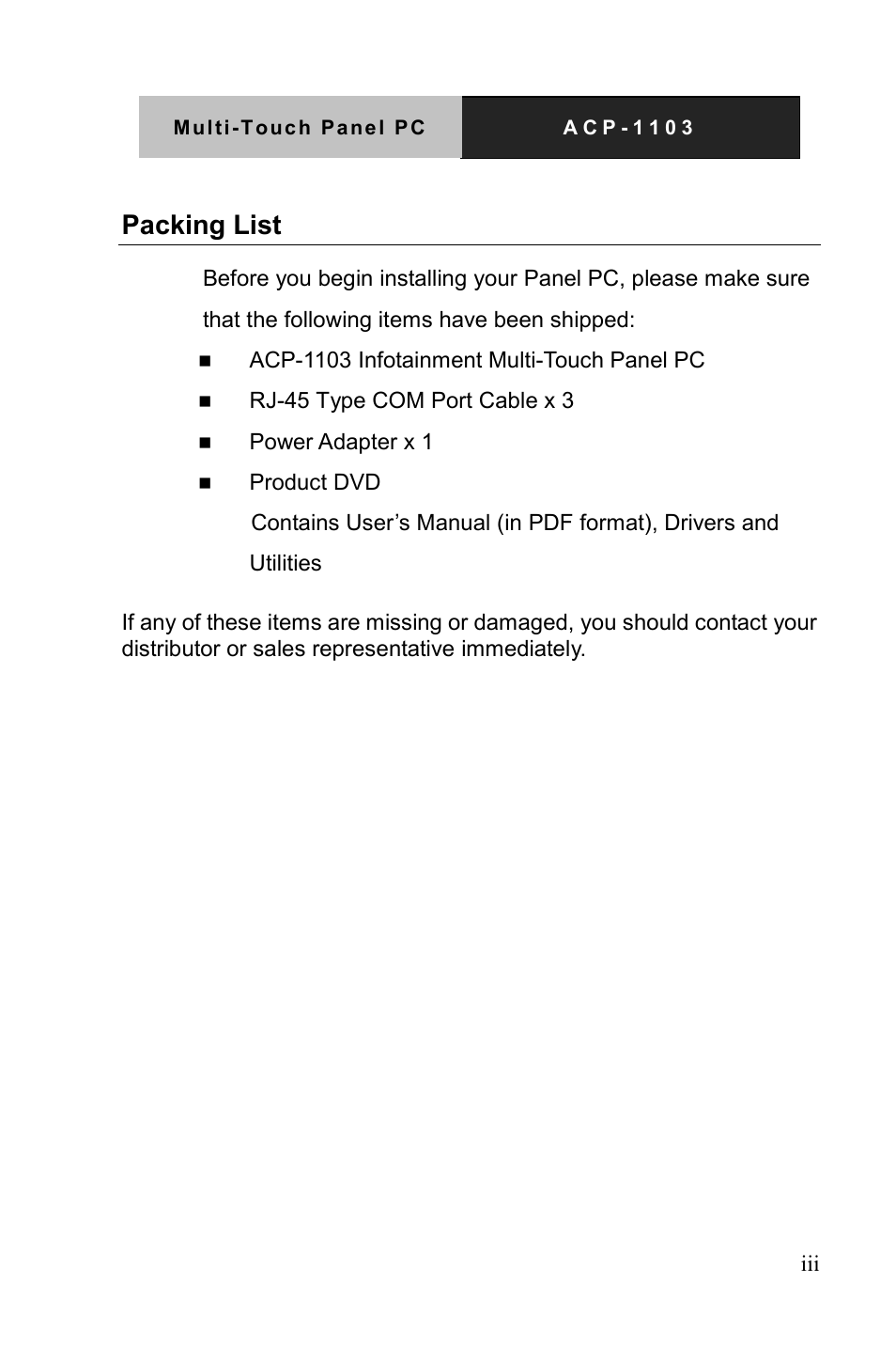 Packing list | AAEON ACP-1103 User Manual | Page 4 / 115