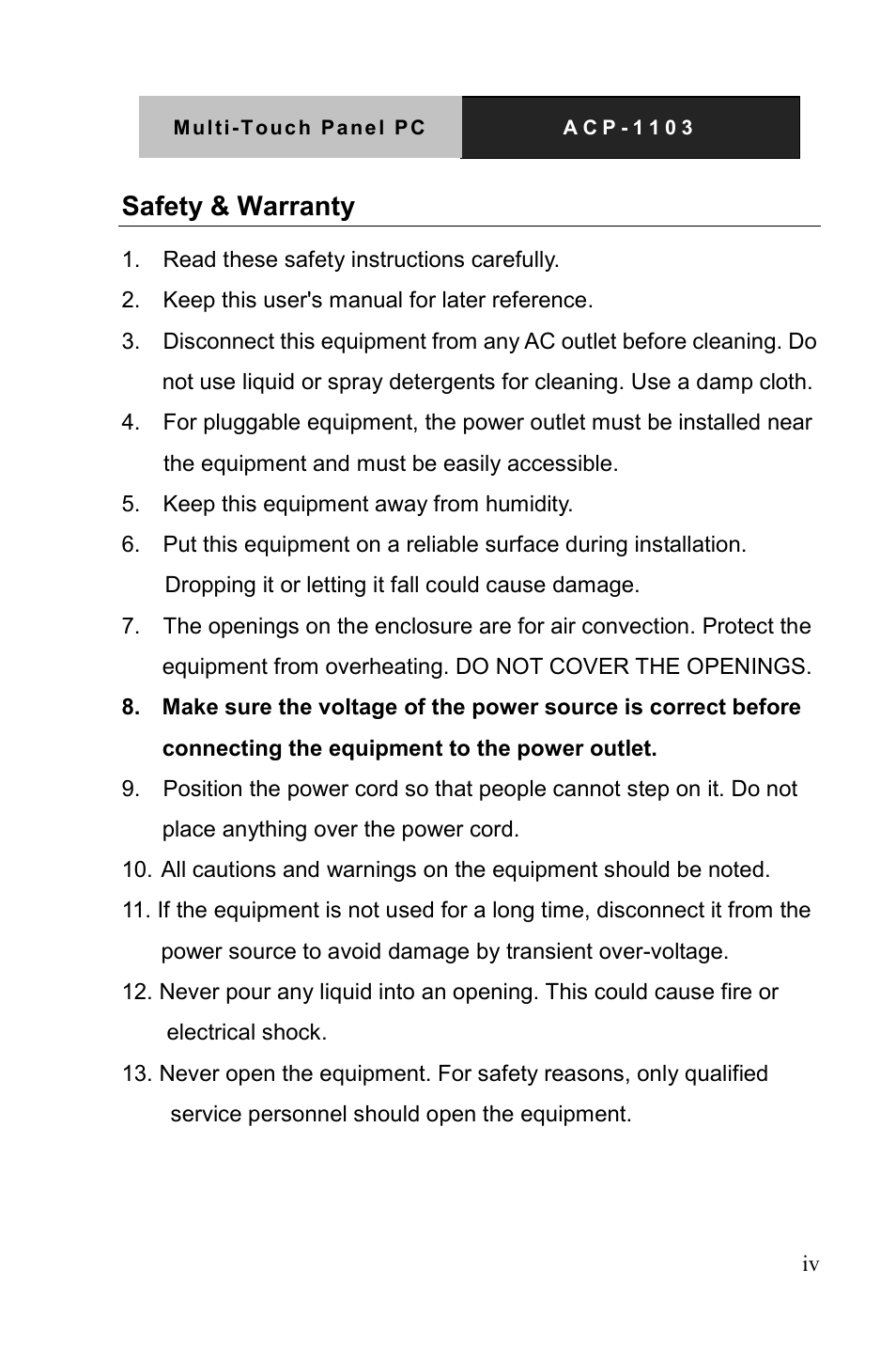 Safety & warranty | AAEON ACP-1103 User Manual | Page 5 / 115