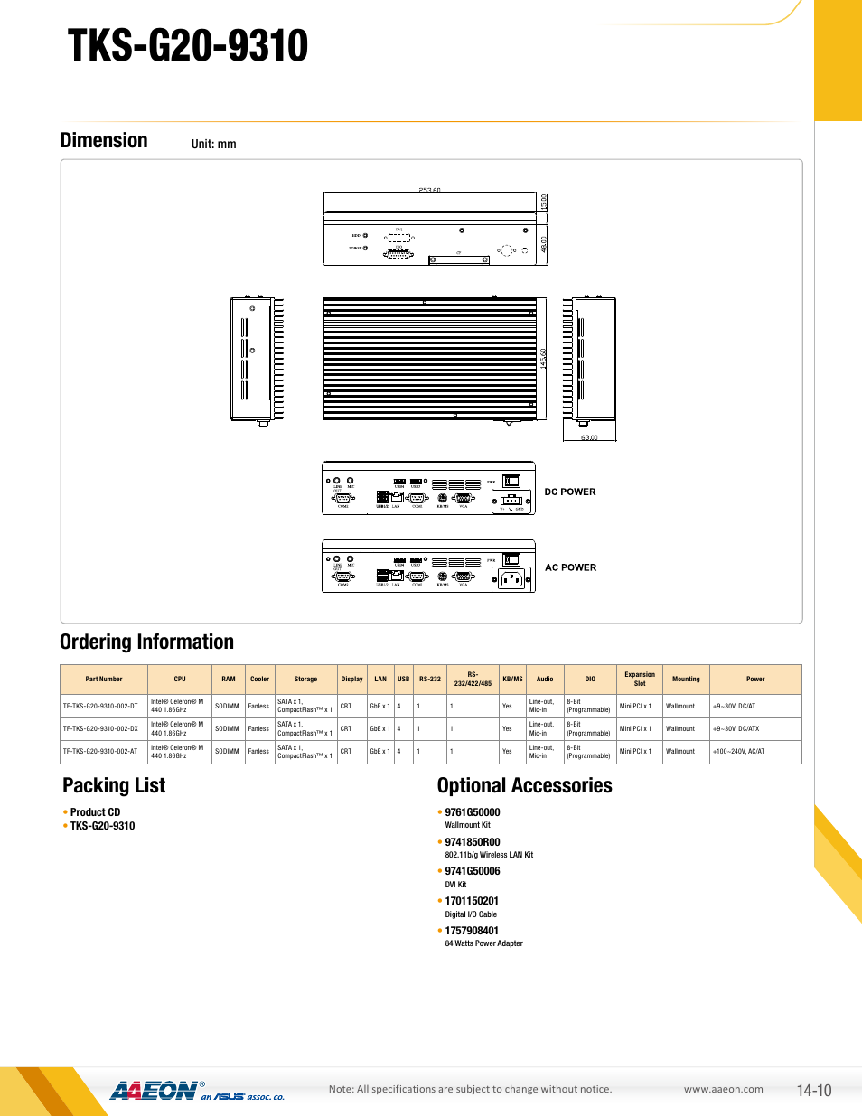 Dimension, Optional accessories, Ordering information packing list | Unit: mm | AAEON TKS-G20-9310 User Manual | Page 2 / 2